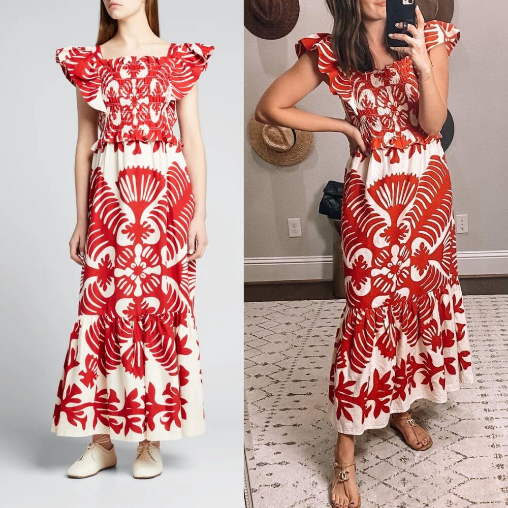 SEA‎ NY Maxi Dress Henrietta Ruby Red White Floral Smocked Bow Cutout Back Sz M